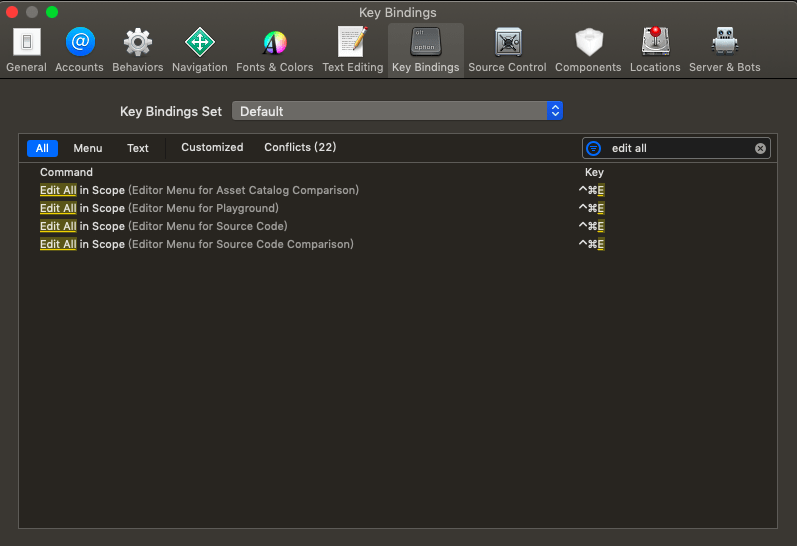 xcode edit all in scope key bingdings