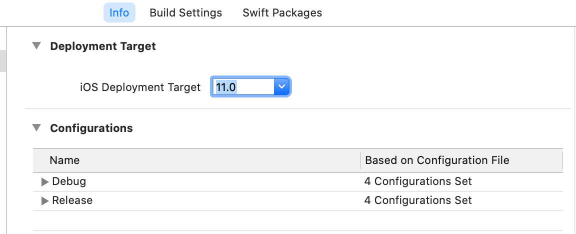 In Xcode, click Project, and in the Info tab, set the iOS Deployment Target to at least 11.0.