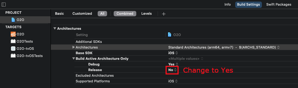 setting Build active Architecture Only to Yes