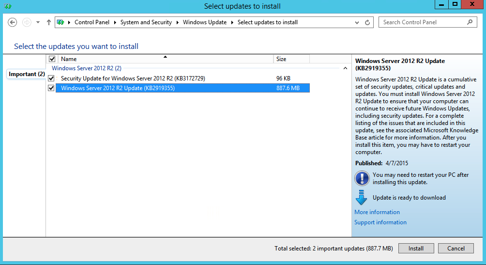 Security Update for Windows Server 2012 R2 (KB3172729) Windows Server 2012 R2 Update (KB2919355)