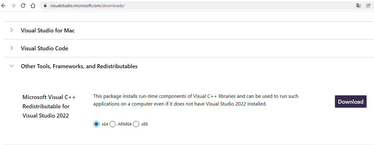 select 'Other Tools, Frameworks, and Redistributables', in the Microsoft Visual C++ Redistributable for Visual Studio 2022 card, select your computer architecture, and then download