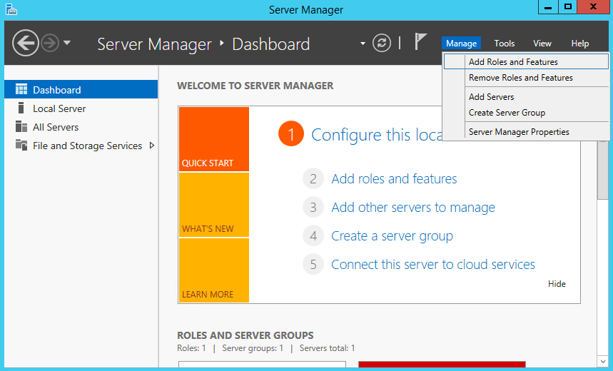 Open Server Manager. Click Manager -> Add Roles and Features.